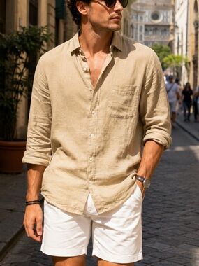 J.McLaughlin Tan Linen Mens Button Down Shirt NWT Sz S